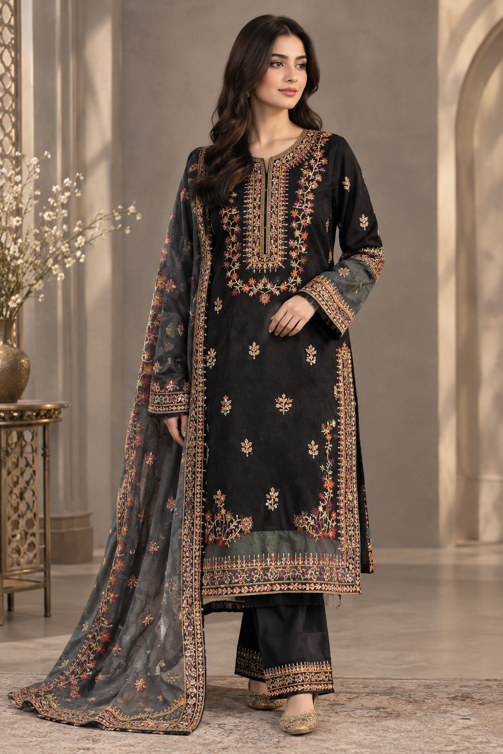 Black Embroidered 3-Piece Suit for Events
