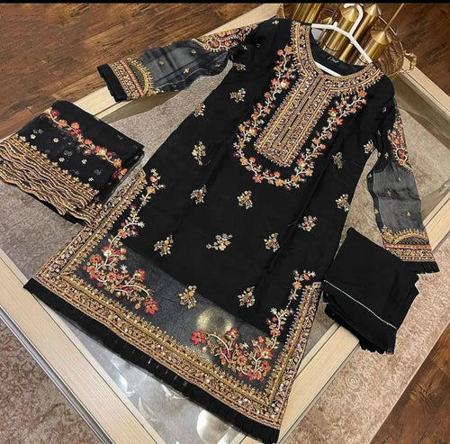 Black Embroidered 3-Piece Suit for Events