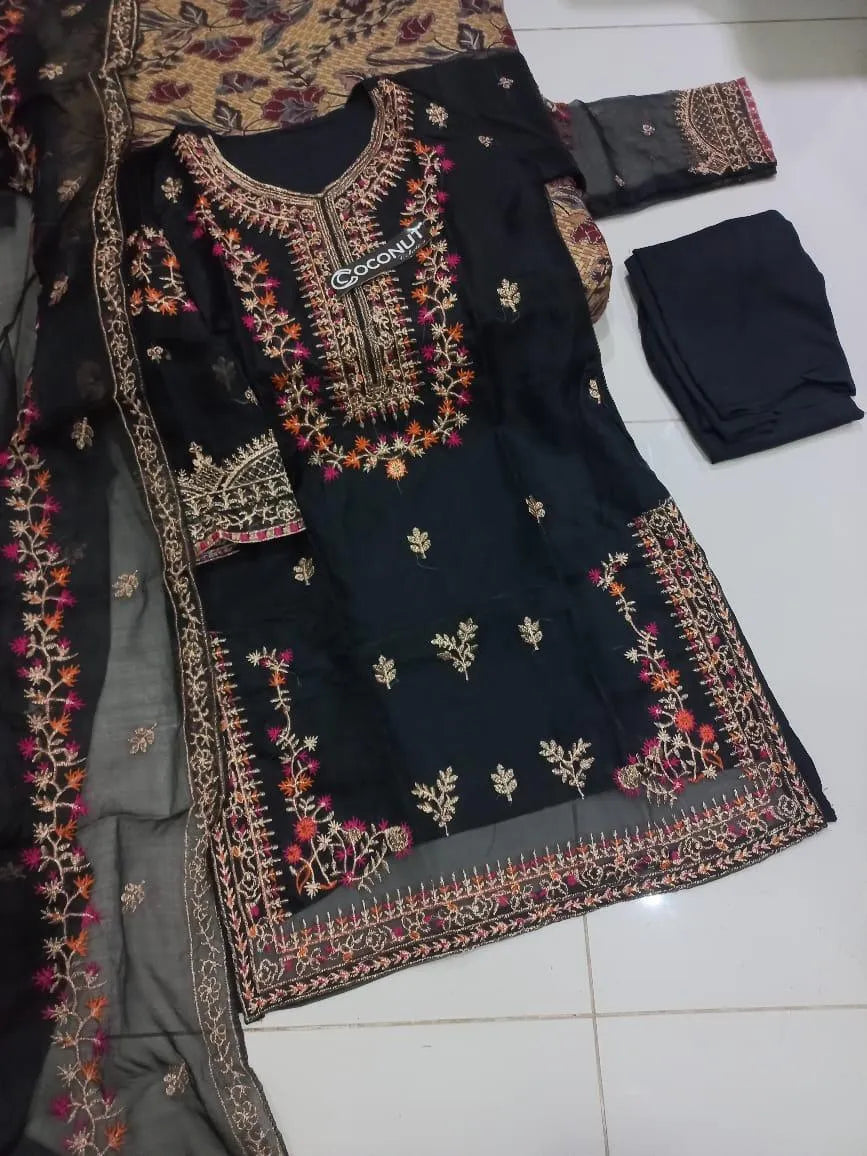 Black Embroidered 3-Piece Suit for Events