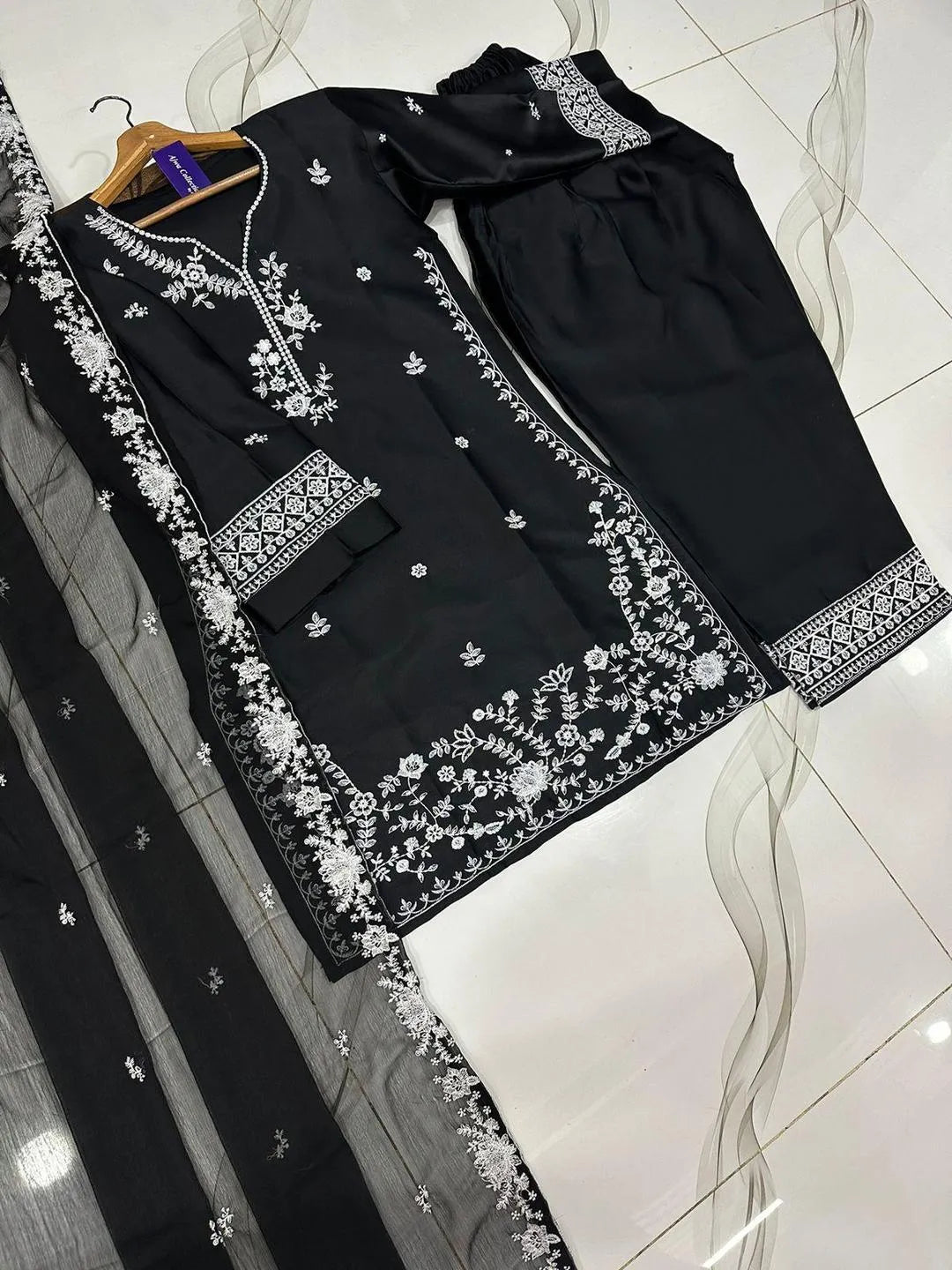 Black Embroidered Farshi Shalwar 3 Pcs Set