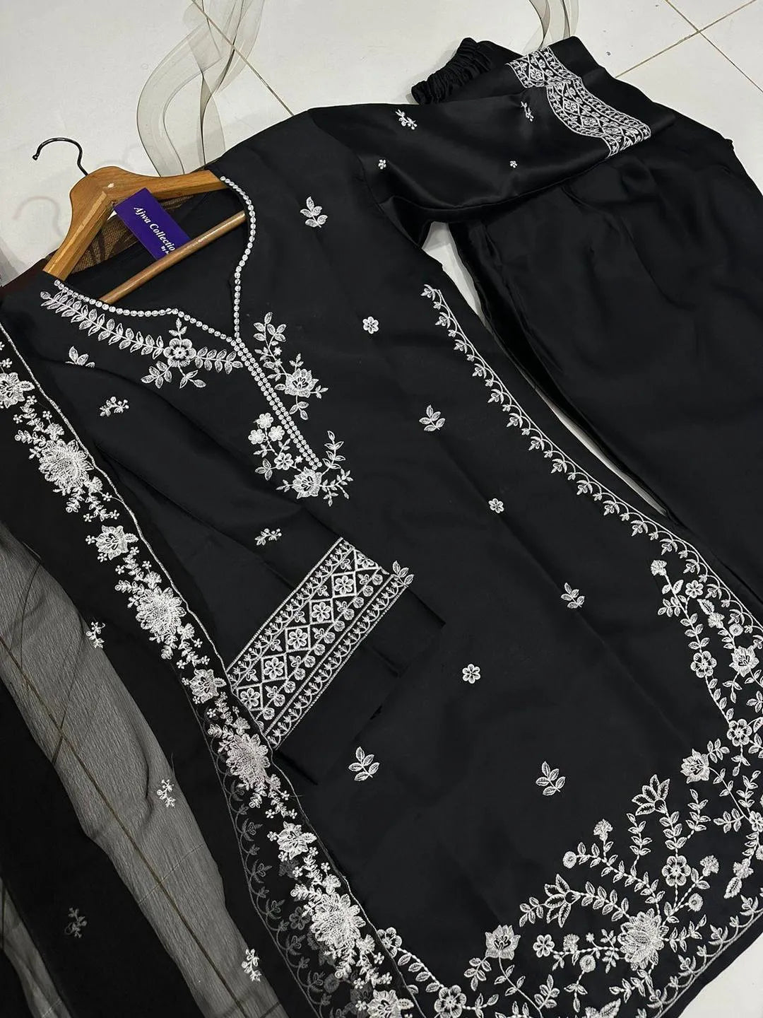 Black Embroidered Farshi Shalwar 3 Pcs Set