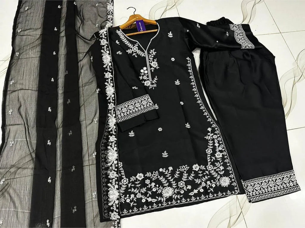 Black Embroidered Farshi Shalwar 3 Pcs Set