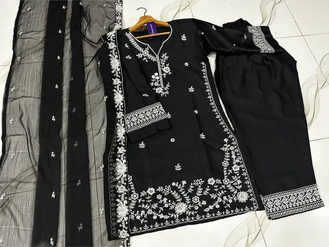Black Embroidered Farshi Shalwar 3 Pcs Set