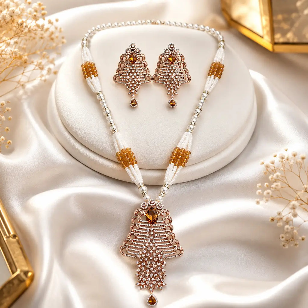 Pearl & Crystal Pendant Necklace Set with Earrings