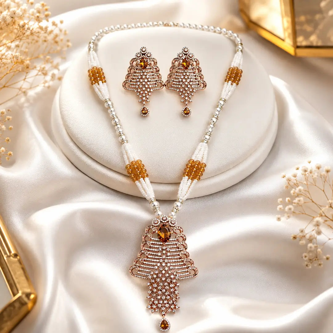 Pearl & Crystal Pendant Necklace Set with Earrings