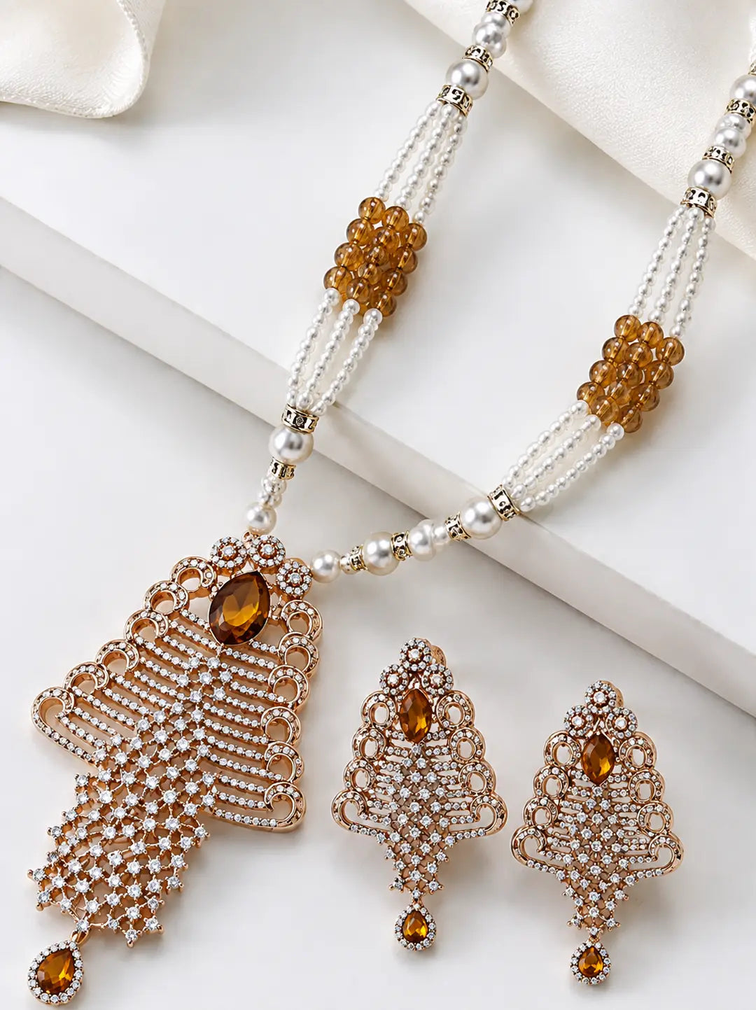 Pearl & Crystal Pendant Necklace Set with Earrings
