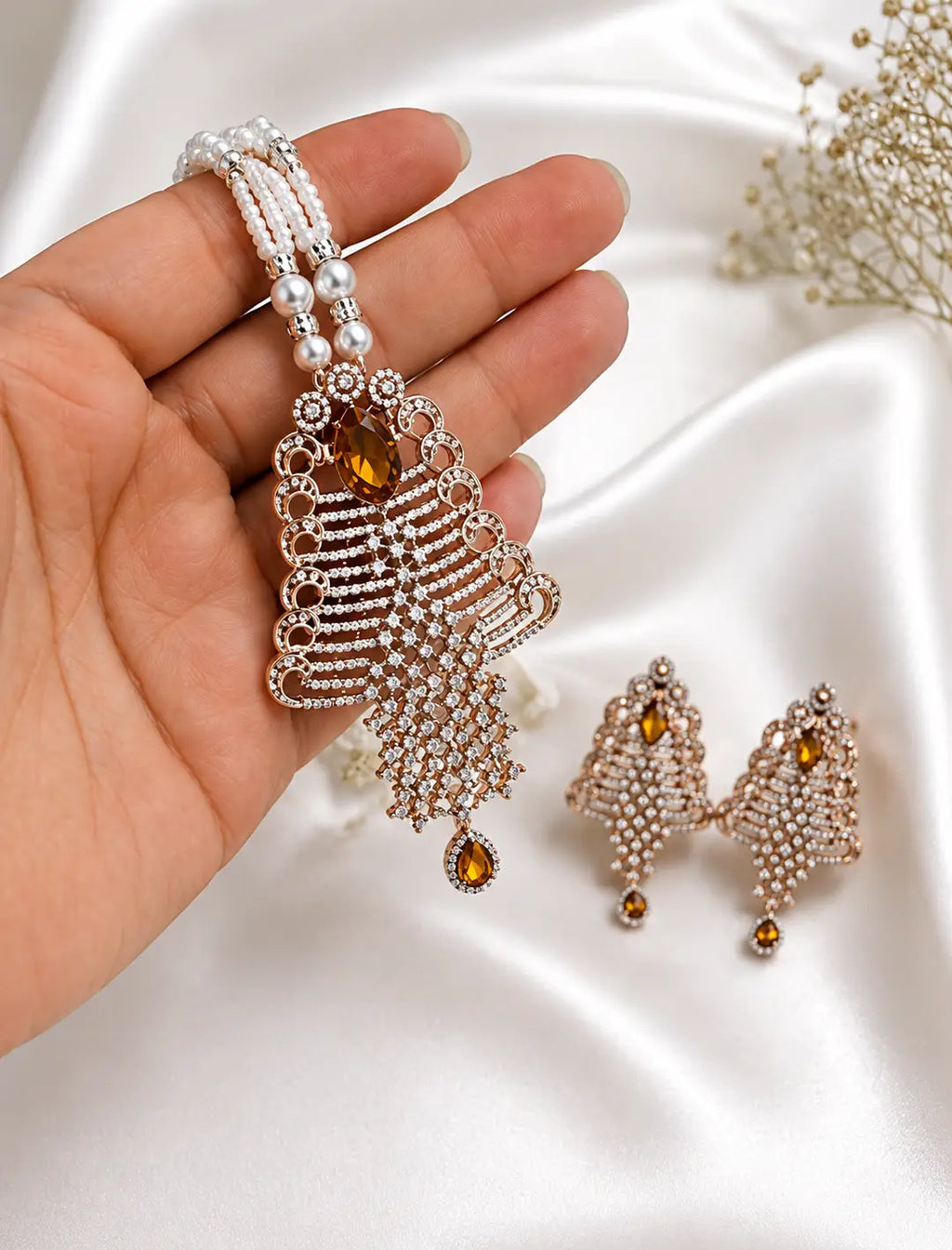 Pearl & Crystal Pendant Necklace Set with Earrings