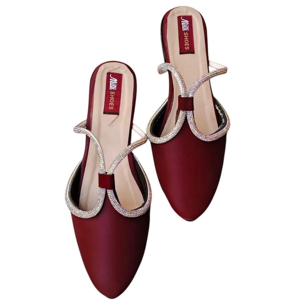 Maroon Rhinestone Women’s Flats | Synthetic Leather | Aabroo Fashion
